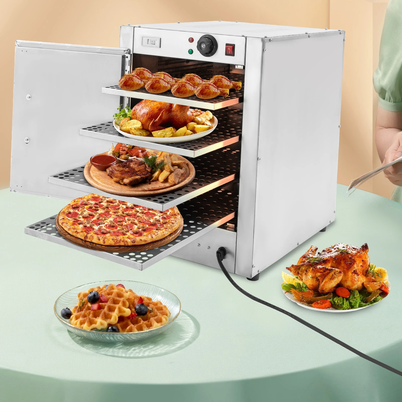 

Stainless Steel Food Warmer 500W 4-Tier Adjustable Shelves Large Storage 86°-185°F Temperature Range Electric for Hot Food Displ
