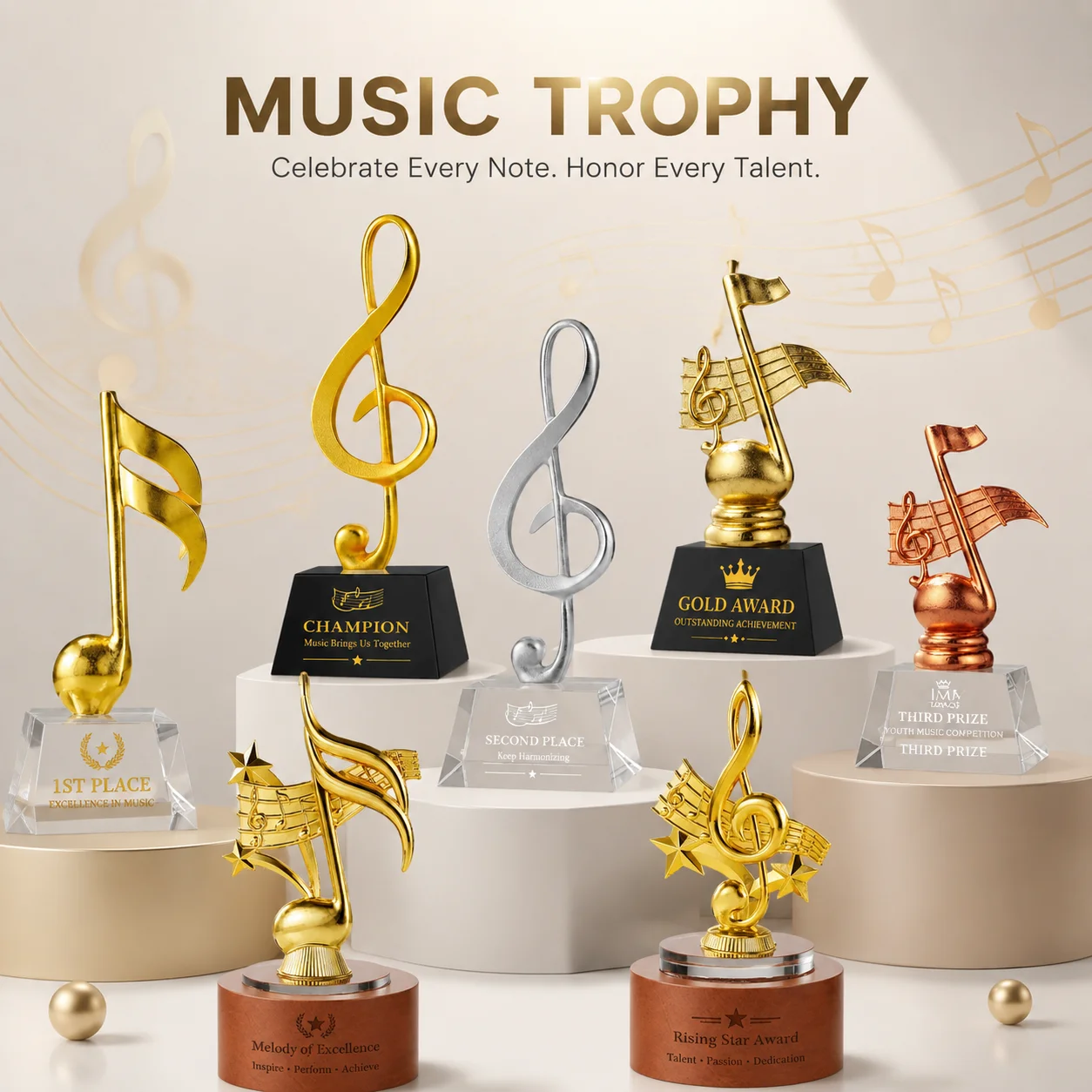 Metal Music Note Crystal Trophy Customized Piano Singing Competition Award Ceremony Add Text and Logo Free