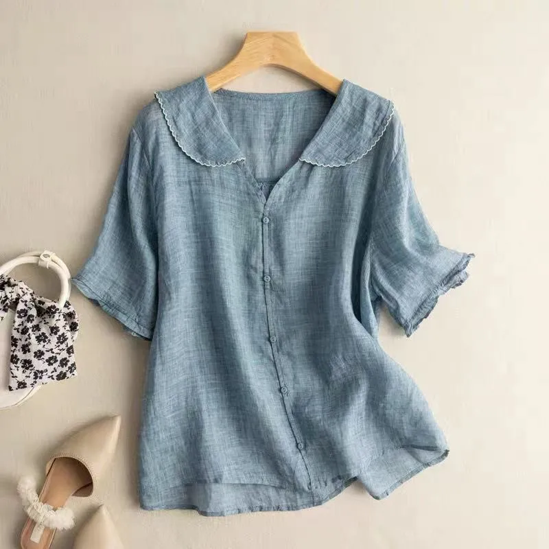 Elegant Cotton Linen Short Sleeve Shirt Loose Doll Collar Thin Top for Women Comfortable Breathable Summer Commute Style