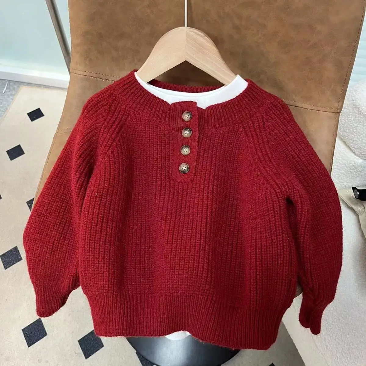 Autumn and Winter New Children's Sweater Red Boys' and Girls' Round Neck Long Sleeve Base Knitted Sweater Solid Color Top