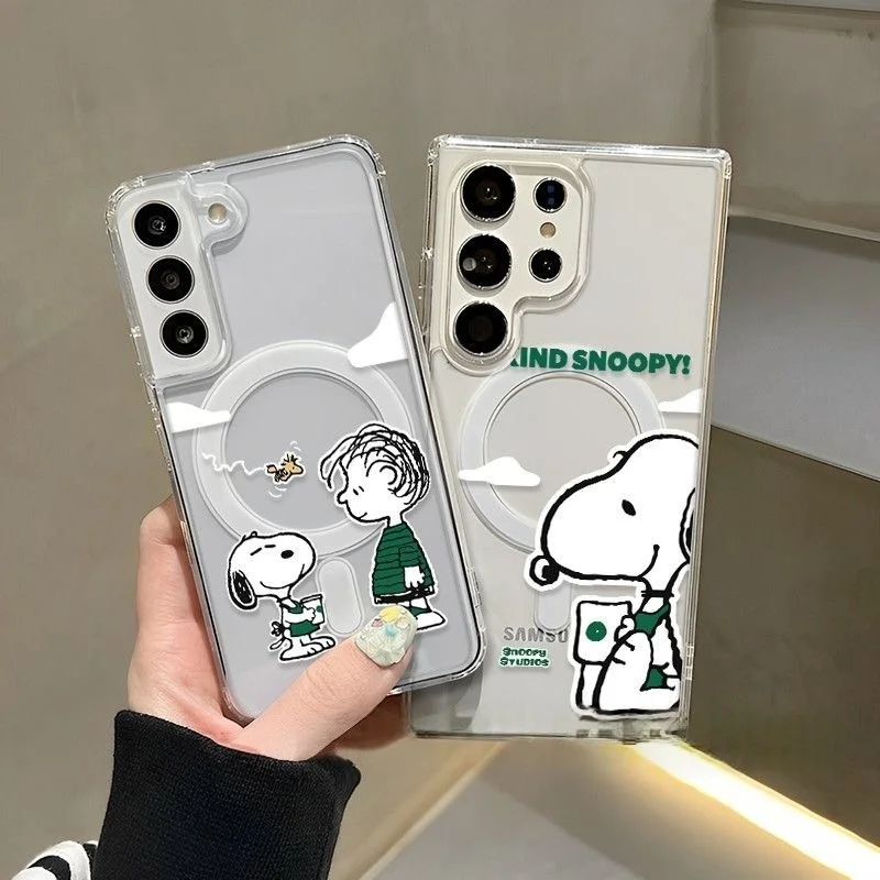 

Cute Cartoon Snoopy Charlie coffee Clear Magsafe Wireless Charge Case For Samsung S22 S23 S22 S24 S25 Ultra Plus Magnetic Cover