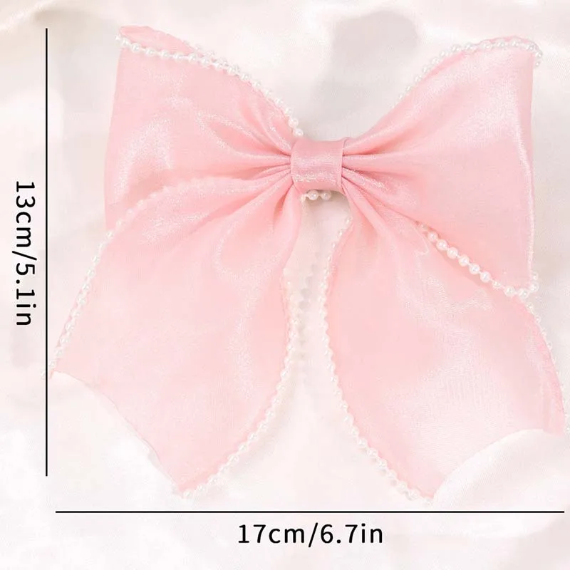 ncmama Chiffon Pearl Bow Hair Clip Mesh Bowkonte Hairpins for Kids Girls Cute Handmade Barrettes Headwear Baby Hair Accessories