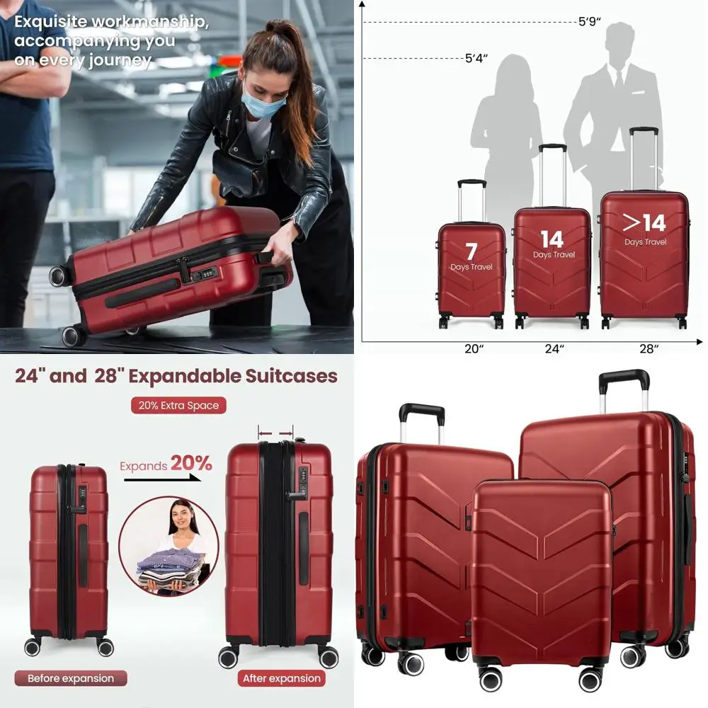 

Набор чемоданов Spinner из 3 предметов с замком TSA, расширяемые женские чемоданы Hardshell, легкие дорожные сумки красного цвета