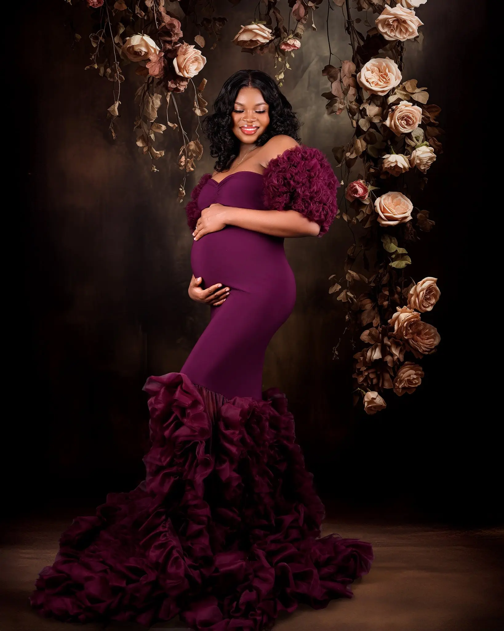 Vestidos de maternidade sereia roxo para sessão de fotos fora do ombro mulheres grávidas roupões personalizados longos vestidos de sessão de fotos