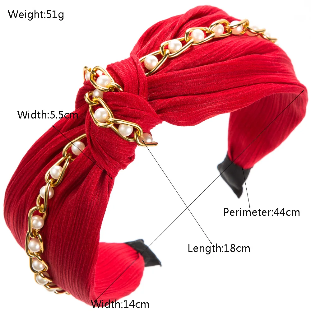 Korean Style Fashion Mesh Fabric Metal Chain Pearl Knotted Hair Hoop Female Elegant Hair Accessories