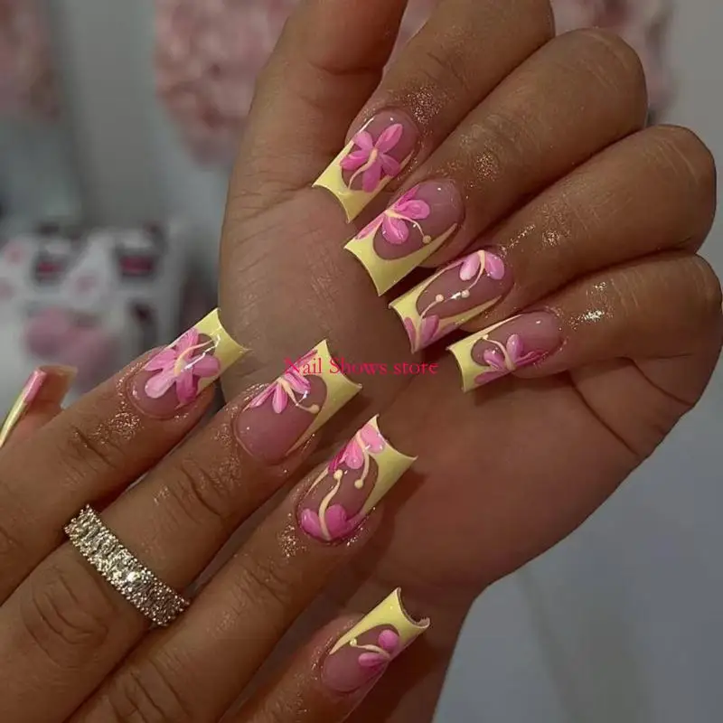 

E0BC Flower Press On French Tips Fake Short Square False Glues on