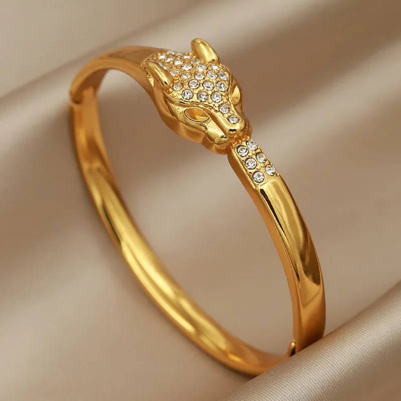 

Нержавеющая сталь металлические кристаллы леопардовые браслеты и браслеты для женщин модные брендовые ювелирные изделия классические браслеты с животными аксессуары