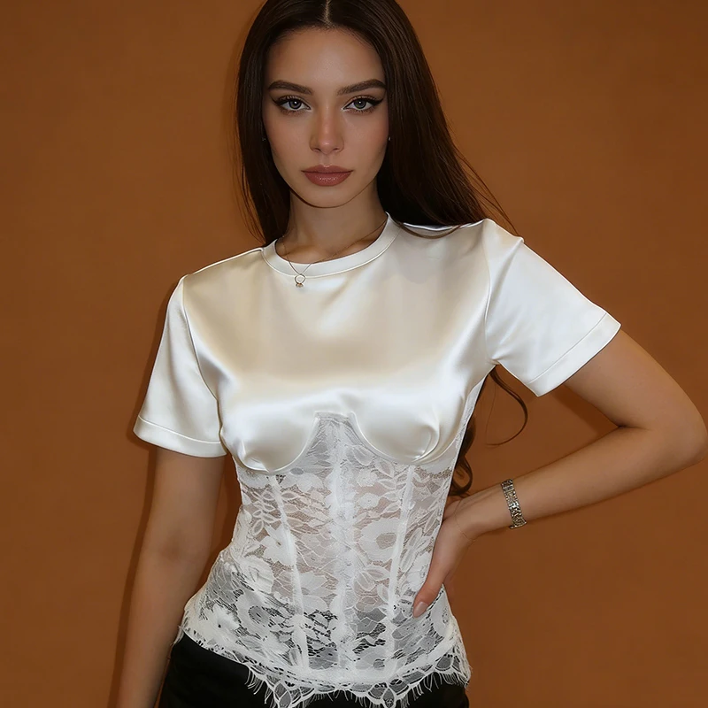 European American Women's Summer New Sexy Temperament Round Neck regular shoulder Lace See Through Splicing Exposed Navel Top