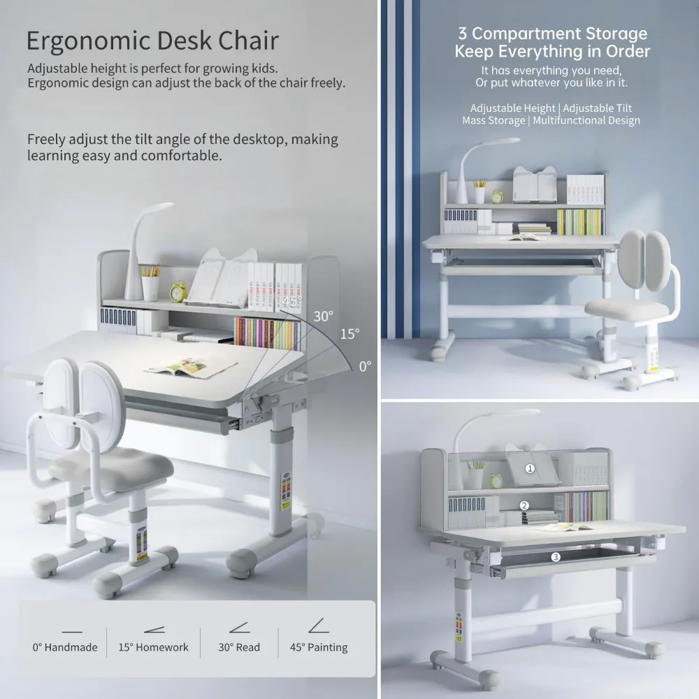 Kids Desk and Chair Set,Height Adjustable Functional Ergonomic Children School Study Table with Tilt Desktop