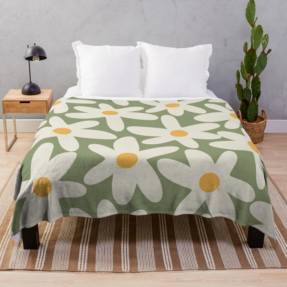 

Daisy Time Retro Flower Pattern Sage Green Beige Mustard Throw Blanket decorative Plush bed plaid Decorative Beds Blankets