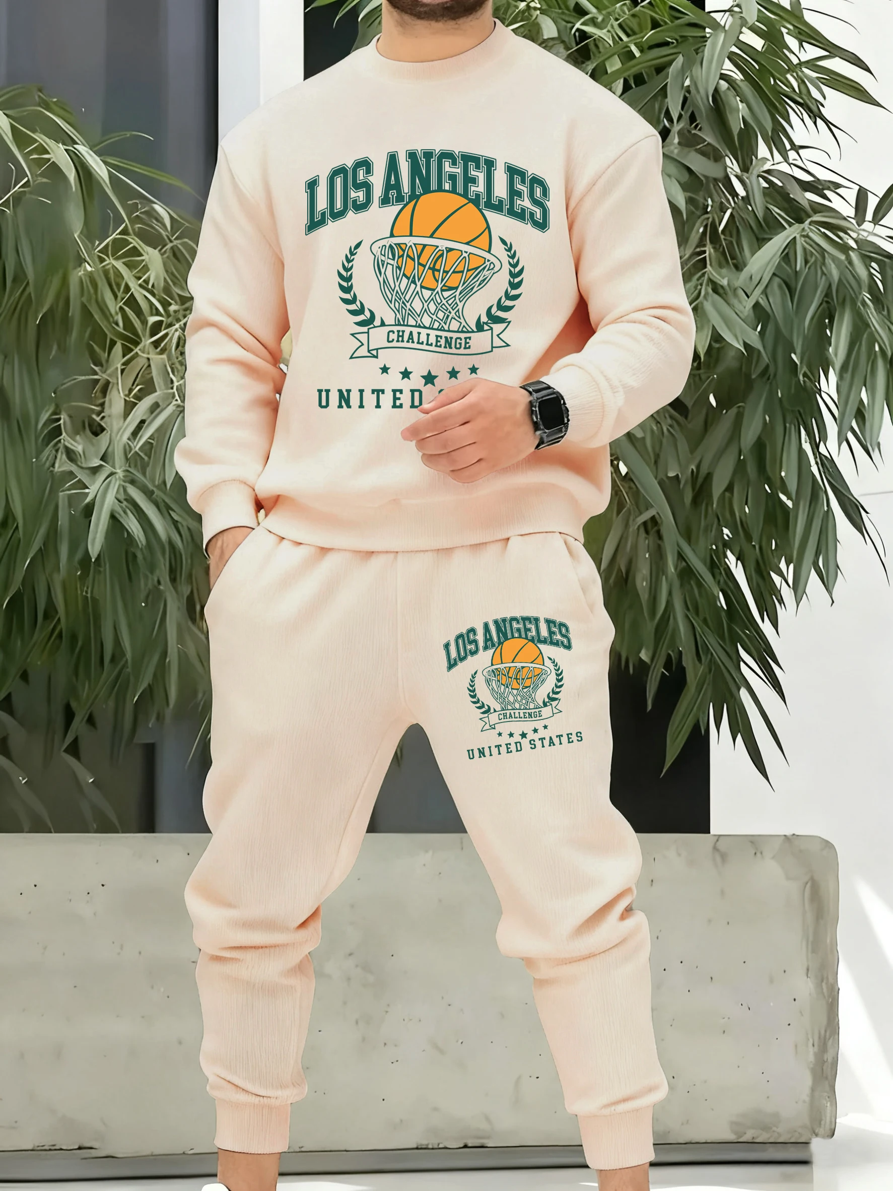 

Los Angeles California Letter Pattern Men Tracksuit Fleece Autumn All-Match Sportset Basics Pants Loose Male Fashion Clothing