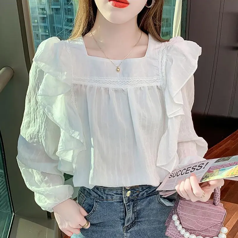 Women\'s Autumn Fashion Simplicity Solid Color Square Collar Long Sleeve Chiffon Shirts Women Clothes All-match Casual Loose Tops