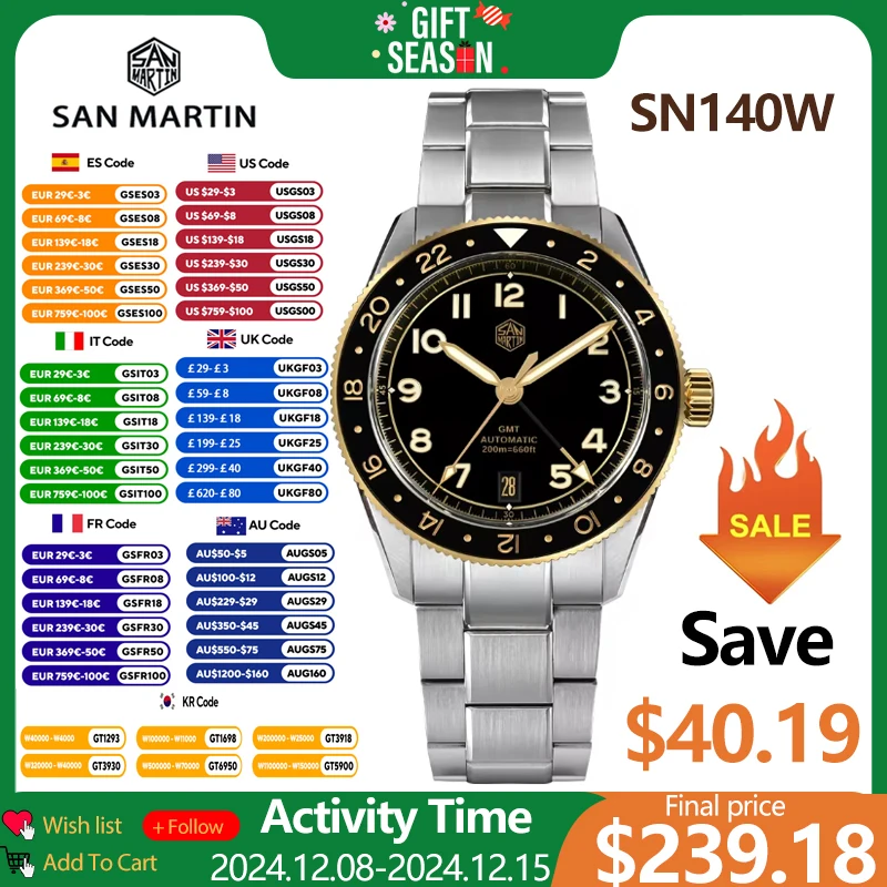 San Martin 38mm Men Dive Watch Limited Edition GMT NH34 Automatic Movement Sapphire BGW-9 C3 Luminous 120 Clicks Watches SN0140W