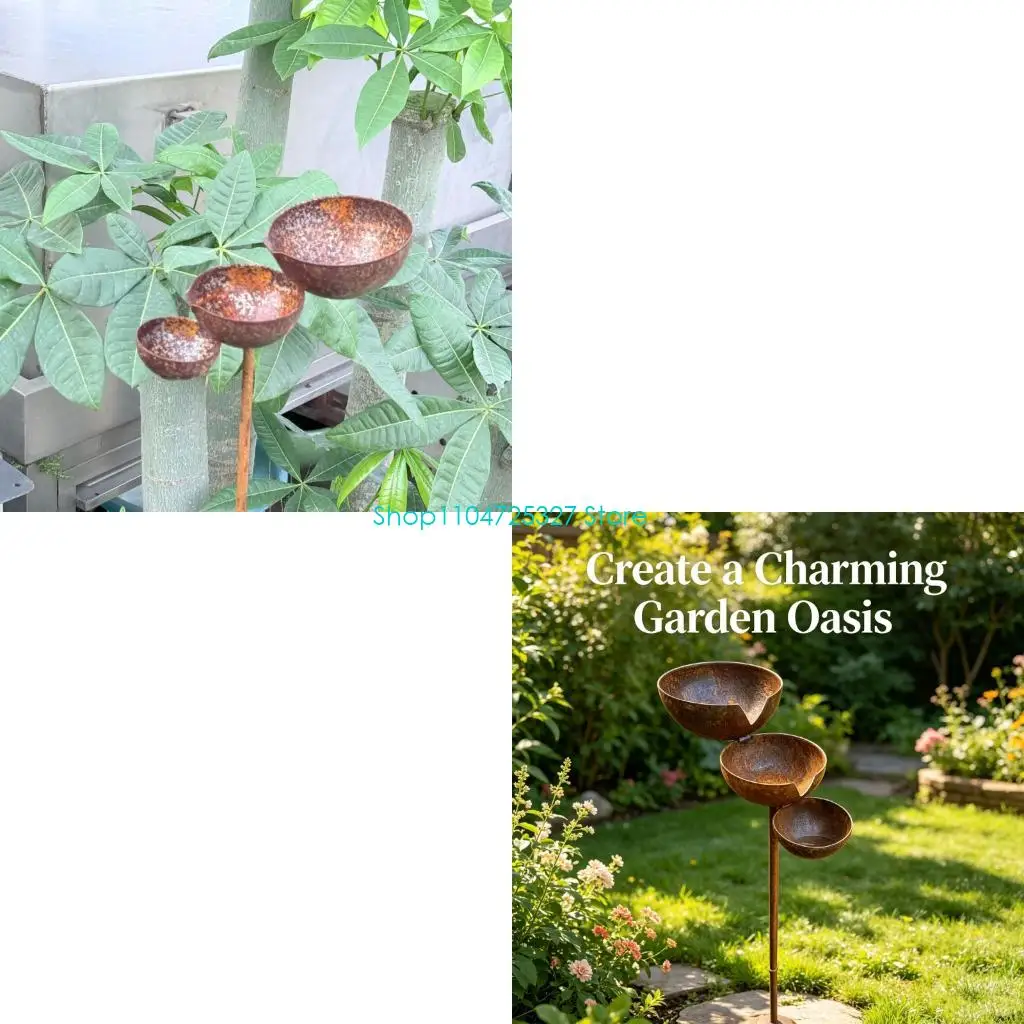 D8KF Aged Brown Outdoor Bird Bath Stand, Metal Three Bowl Garden Rod, 31.5 Inch Rain Bowl and Wildlife Water Station for