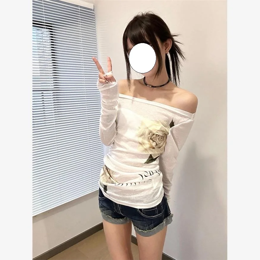 

Американская женская футболка с длинным рукавом, полупрозрачная, на одно плечо, в стиле Y2K, для ранней осени, облегающая, из чистого хлопка.