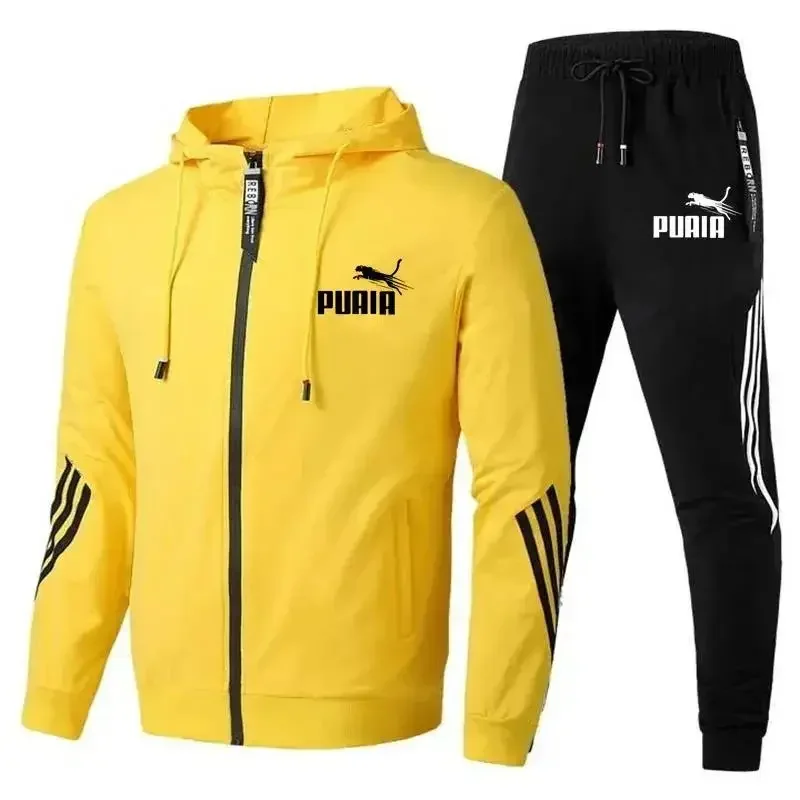 Autumn and winter new men\'s sports suit zipper cardigan jacket + sweatpants striped running fitness basketball 2-piece set