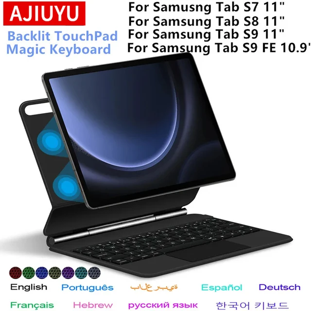 Magiczna klawiatura do Samsung Galaxy Tab S9 FE 10.9 S9 S8 S7 11-calowa regulowana podstawka z podświetleniem Touchpad Klawiatura Wielojęzyczna