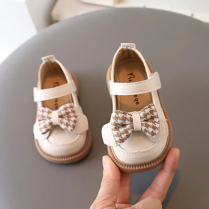 Children's Shoe for Girl Spring Bowknot Kids Causal Versatile Leather Shoes Fashion Non-slip Toddler Princess Walking Flat Shoes