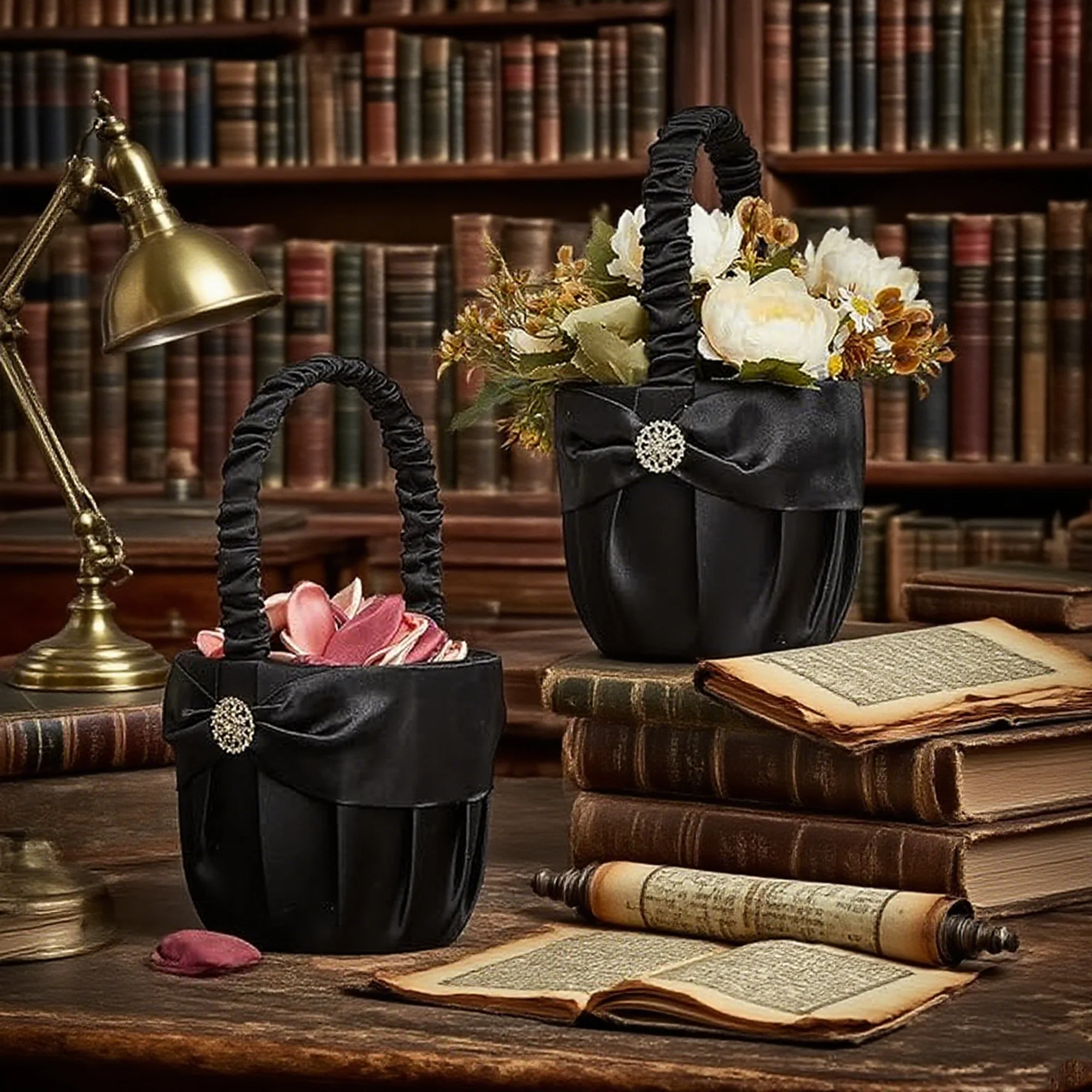 ตะกร้าสาวดอกไม้สีขาวหรูหราพร้อม Rhinestones ประกายและที่จับสําหรับตกแต่งงานแต่งงาน