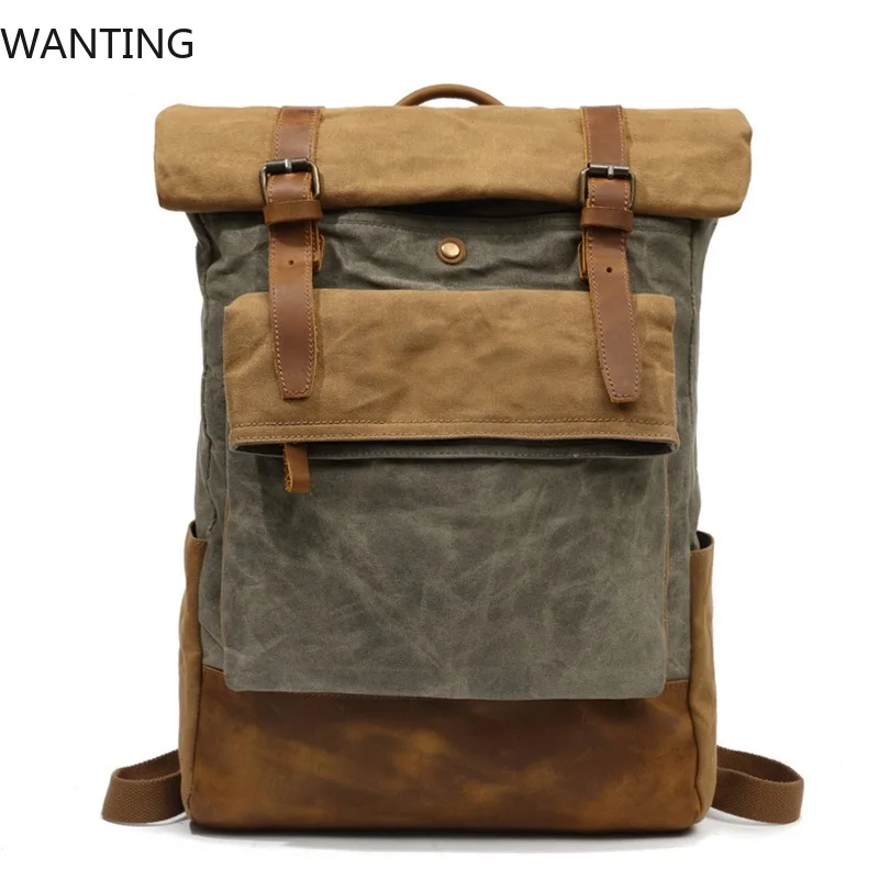 男性デイパックヴィンテージキャンバスバックパック革スクールバッグデザイナーカジュアルファッション防水トラベルバッグ男性バックパック Bagpack