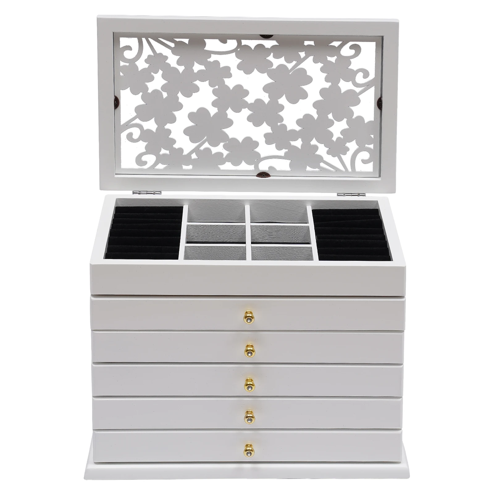 

Wooden Jewelry Box with Six Tiers, Full Pull-Out Drawer, Carved Vintage Design, Paulownia Wood, Perfect for Organizing Jewelry