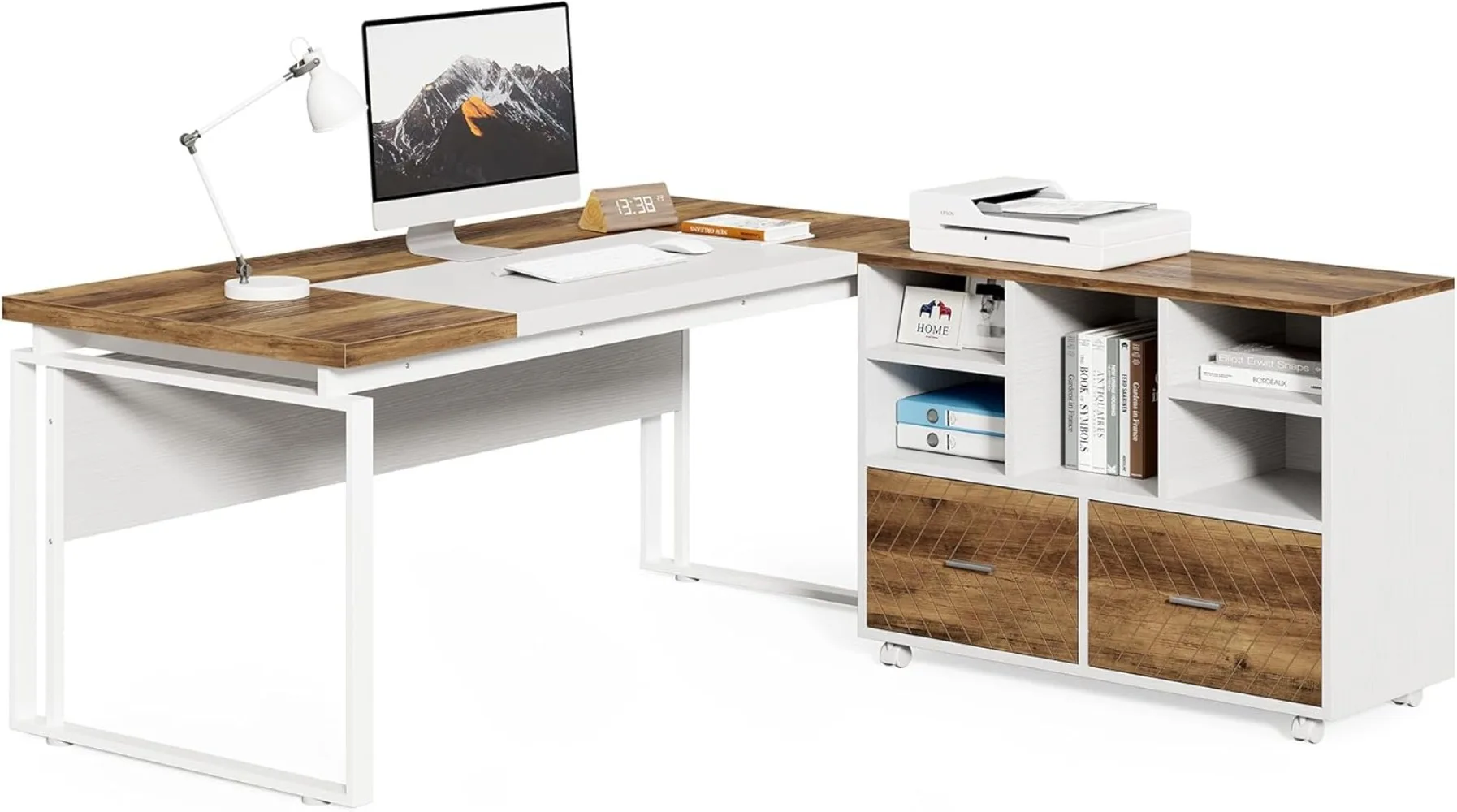 

LITTLE TREE 63" L-Shaped Executive Office Desk with Reversible File Cabinet, Large Modern Office Desk for Home Office