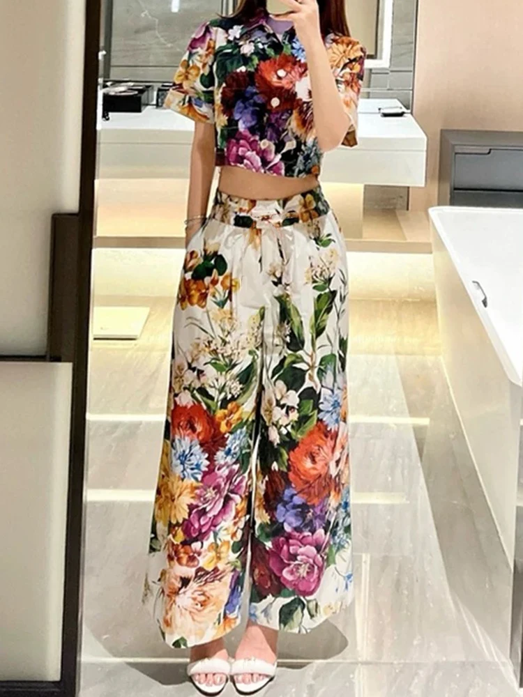 

Spring and summer new women's printed pants lapel short sleeve waist short shirt+high waist wide leg pants elegant two-piece sui