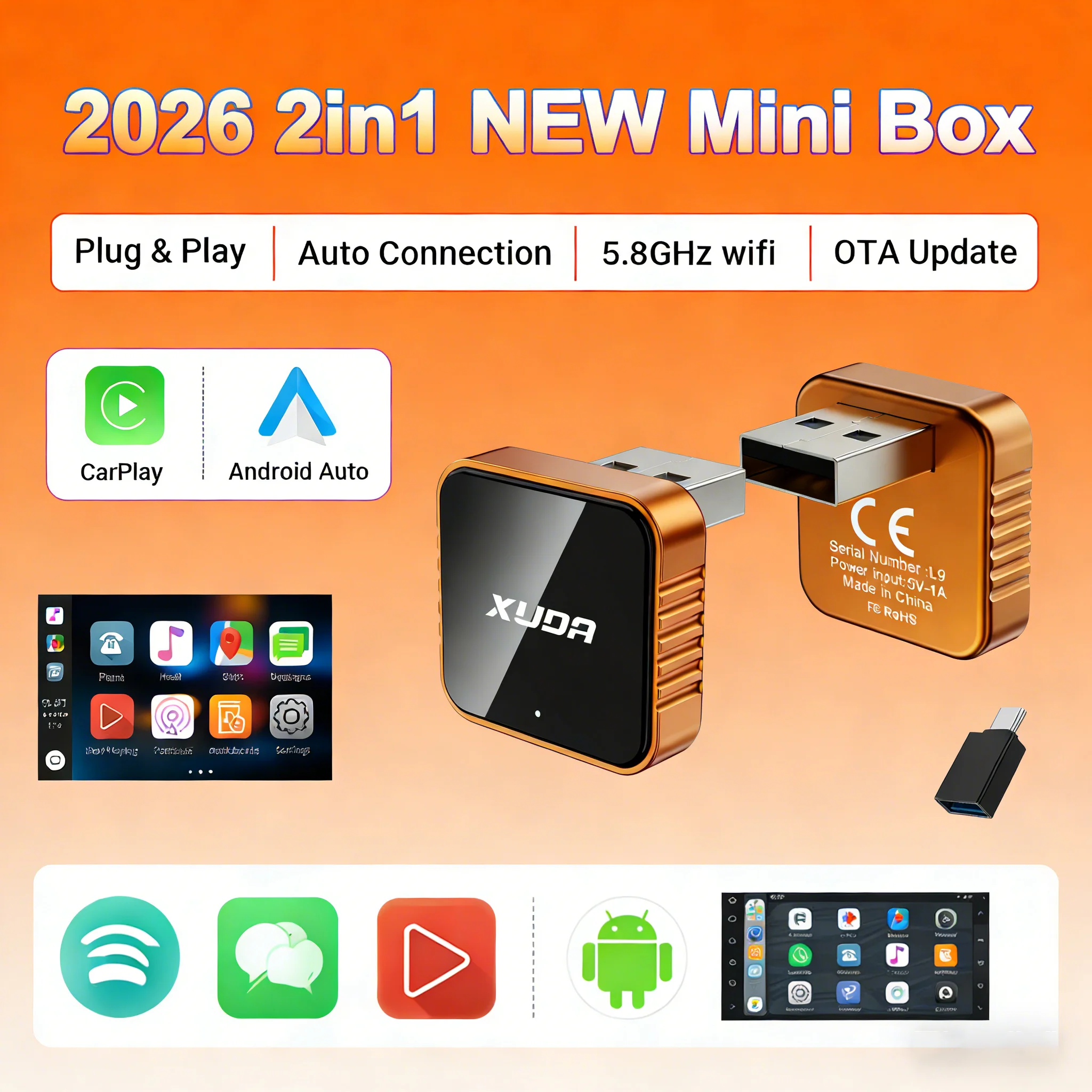 XUDA NEW Wireless CarPlay&Android Auto Dongle Fast Auto-Connect Compact Plug&Play Upgrade Wired to Wireless CarPlay Adapter for