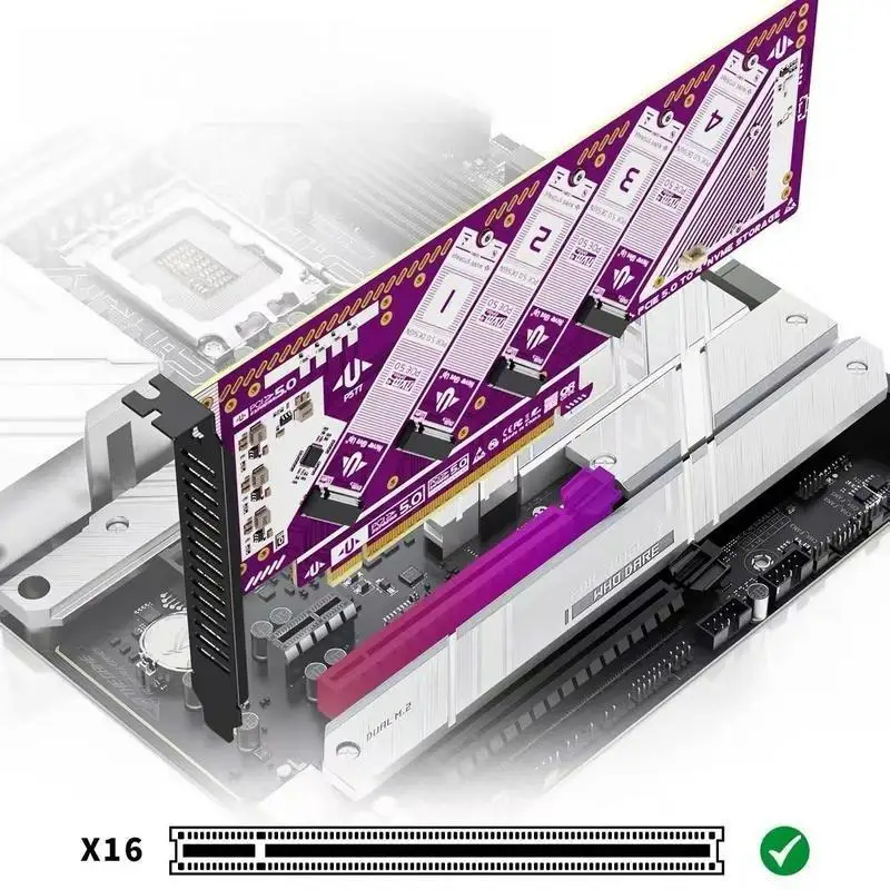 4-Bay NVMe PCIe 5.0 x16 RAID Expansion Card – Quad M.2 SSD Adapter Supports RAID 0/1/5/JBOD, Up to 512Gb/s Bandwidth