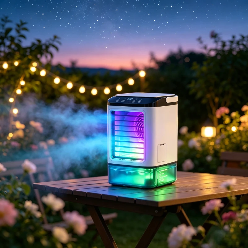 Rechargeable Mini Evaporative Air Cooler 900ml 3‑Speed Fan 7‑Color Night Light Humidifier Portable for Home Travel