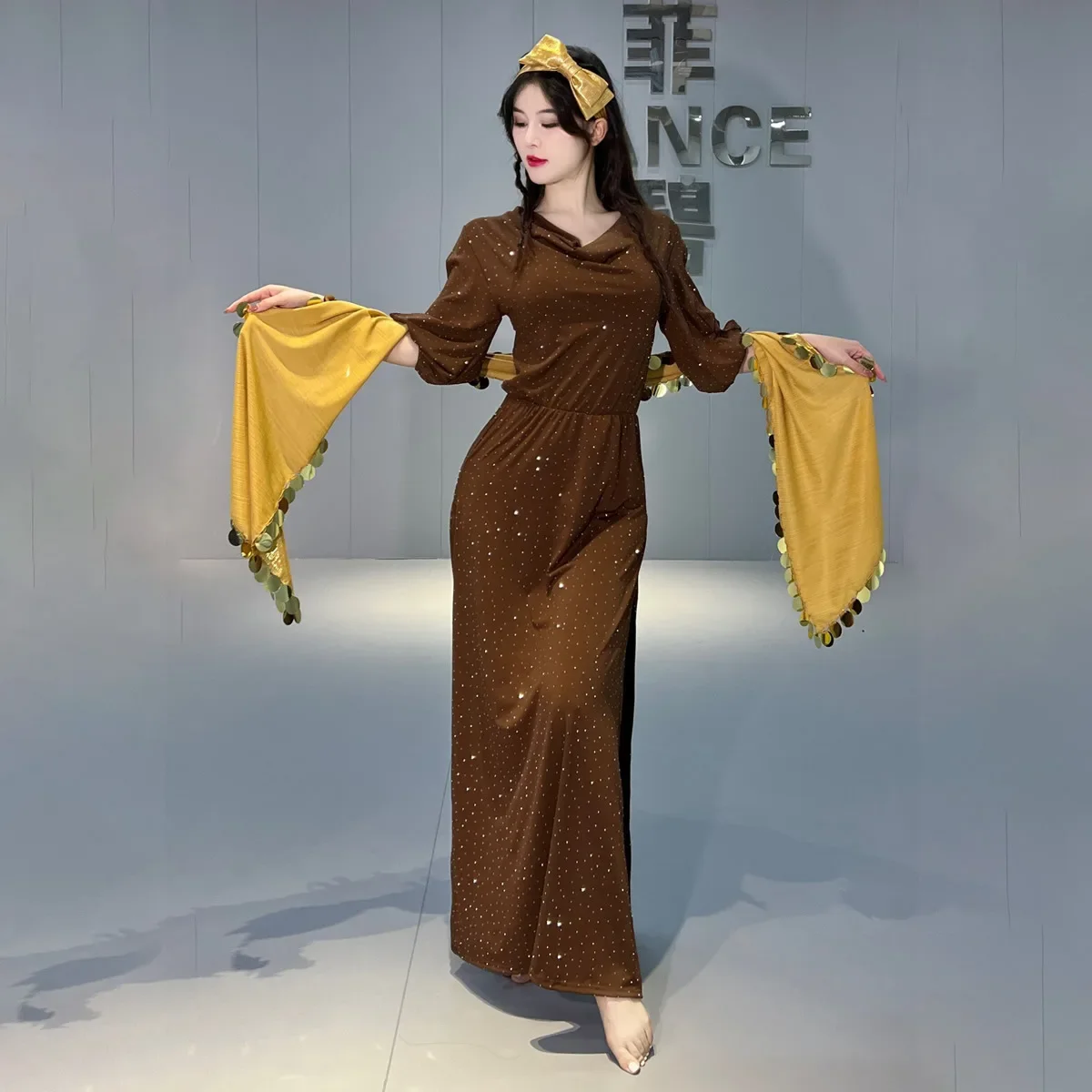 Femmes demi manches coton Robe + coiffure + ceinture 3 pièces Shabbi Baladi Performance Robes danse du ventre Performance Costume ensemble