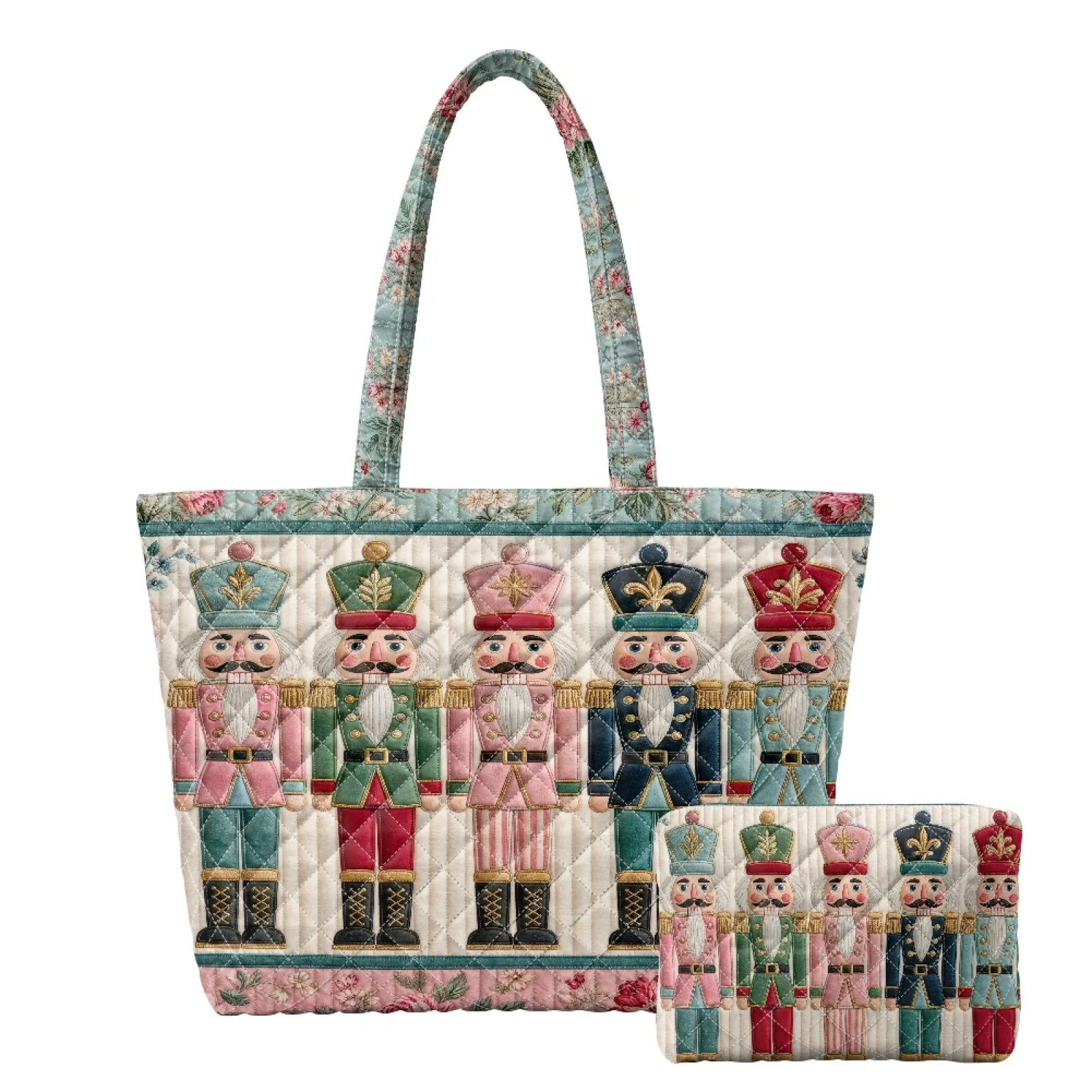 Coloranimal Nutcracker New Trend 2 Piece Quilted Shoulder Bag, Portable Tote Handbag with Cosmetic Pouch for Daily Excursions
