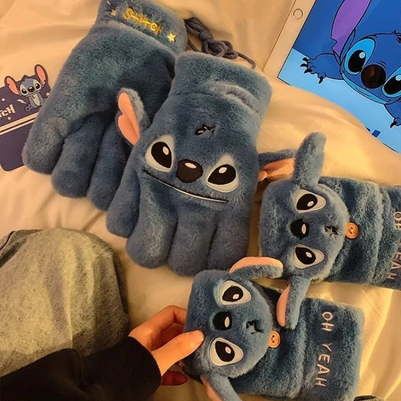 MINISO Stitch Half Finger Flap Plush Gloves Winter Women's Wind Resistant Warm Cute Pile Thick Girl Birthday and New Year Gifts