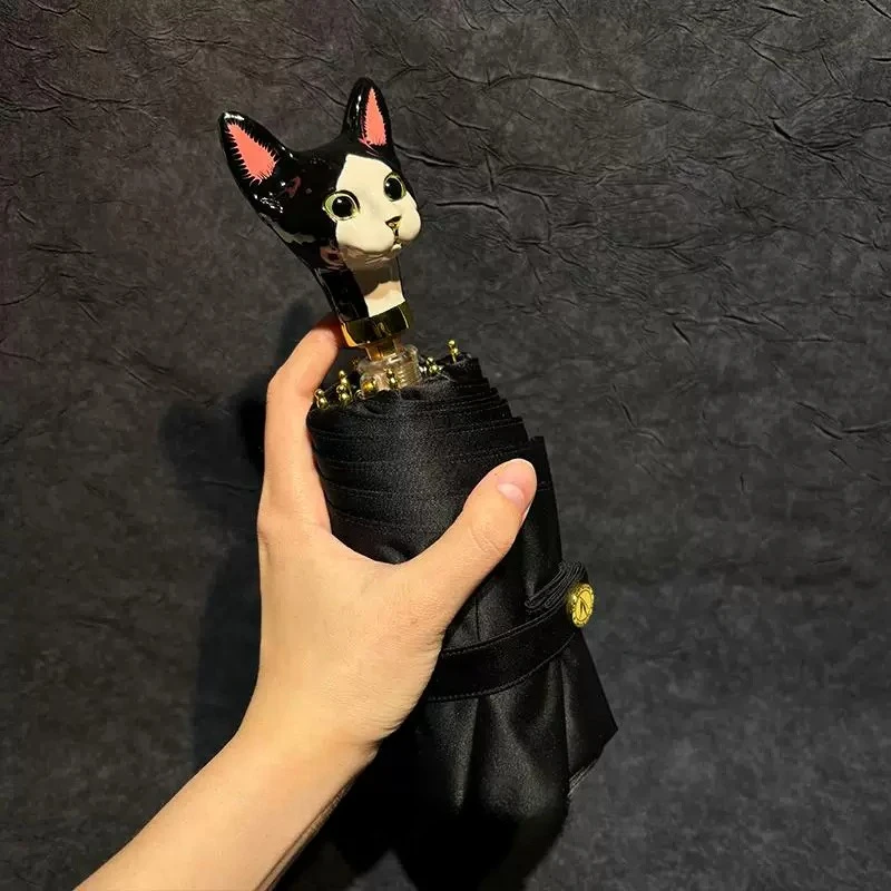 Cute Cat Hand Painted Folding Umbrella Portable Design Parasol with UV Protection Artistic Rain Sun Umbrella Unique Gift for Her