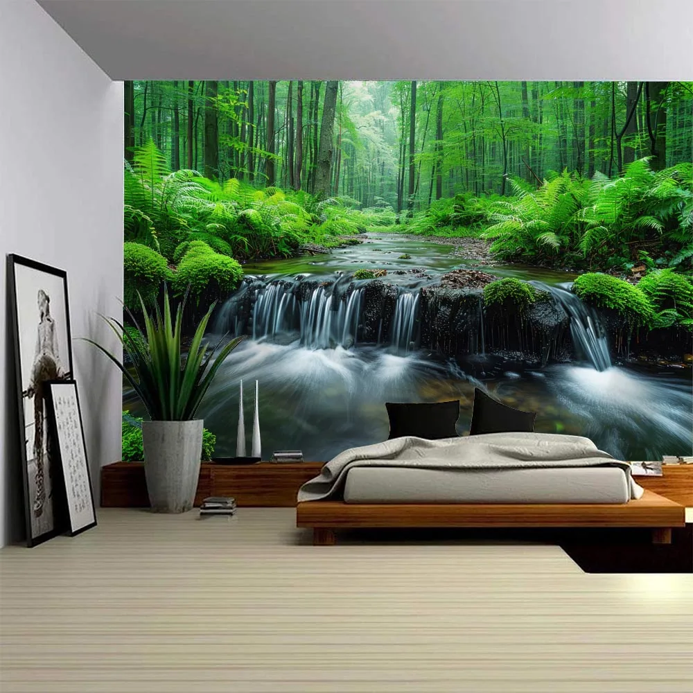 Natural Forest Tapestry, Green Tree Wall Tapestry, Bedroom Aesthetics, Plants, Stream Landscape, Multi Size Wall Hanging