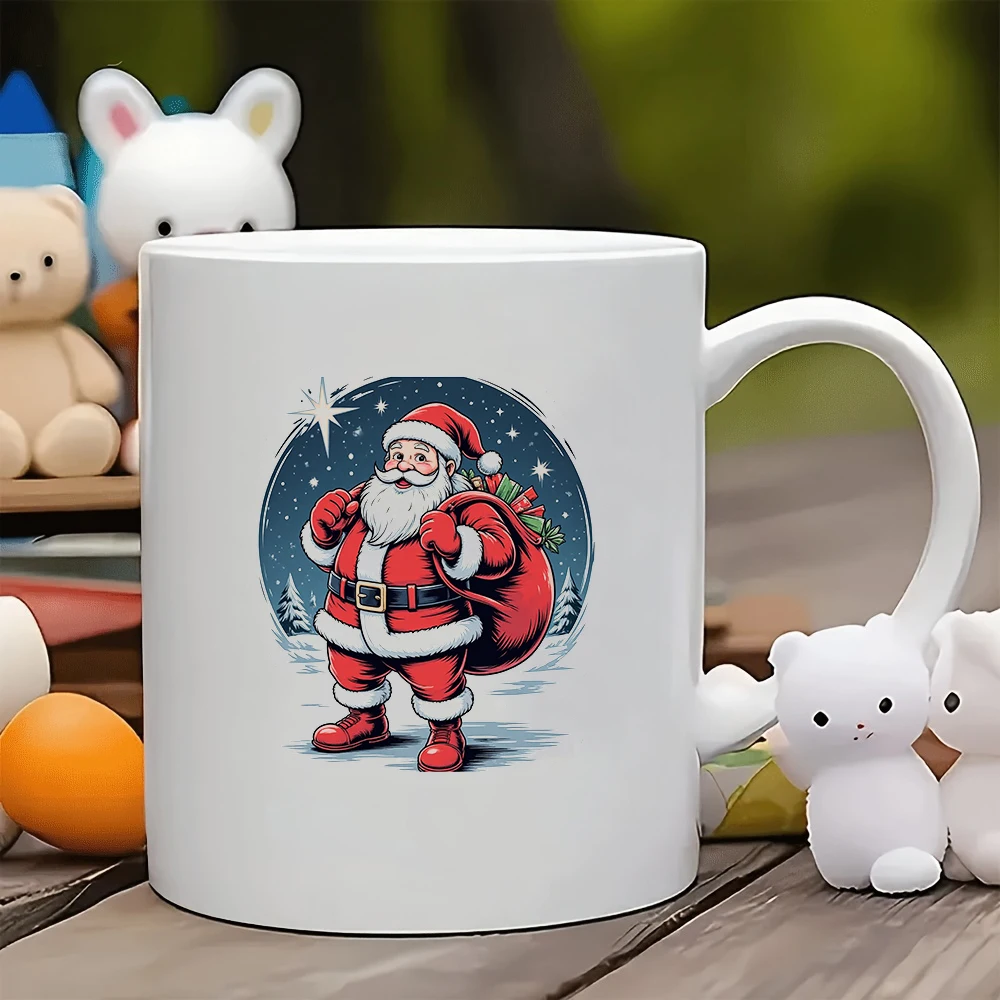 

11oz Santa Claus cartoon mug + Santa Claus staff gift bag Red white blue color Christmas gift Kids cup Family office coffee mug