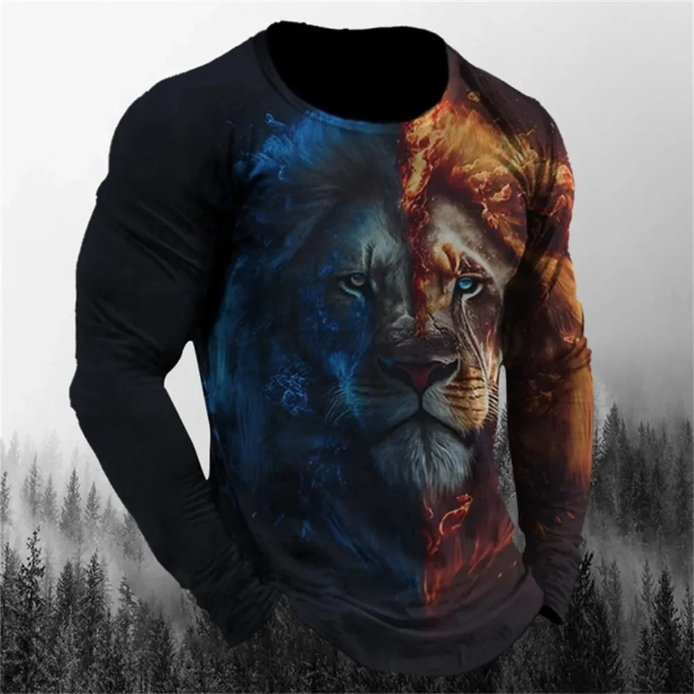 Fashion men\'s ferocious animal lion pattern printed T-shirt niche round neck loose long sleeve street style men\'s clothing top