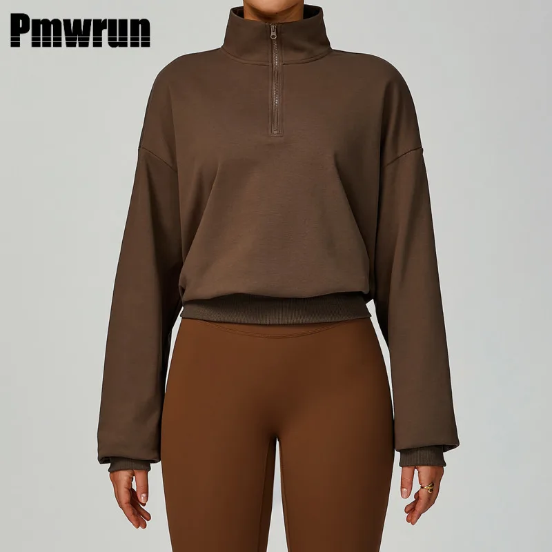 

PMWRUN Autumn Winter Women's Loose Fitness Hoodie Front Zipper Long Sleeve Windproof Sports Pullover for Gym Running Workout