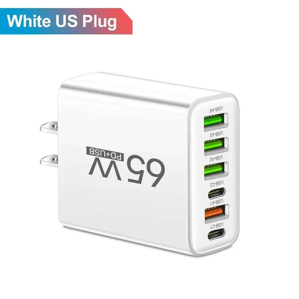 6 Ports 65 W USB PD Ladegerät Schnellladung Typ C Telefon Ladegerät Adapter für iPhone Samsung Xiaomi USB C Schnellladung Wandladegerät