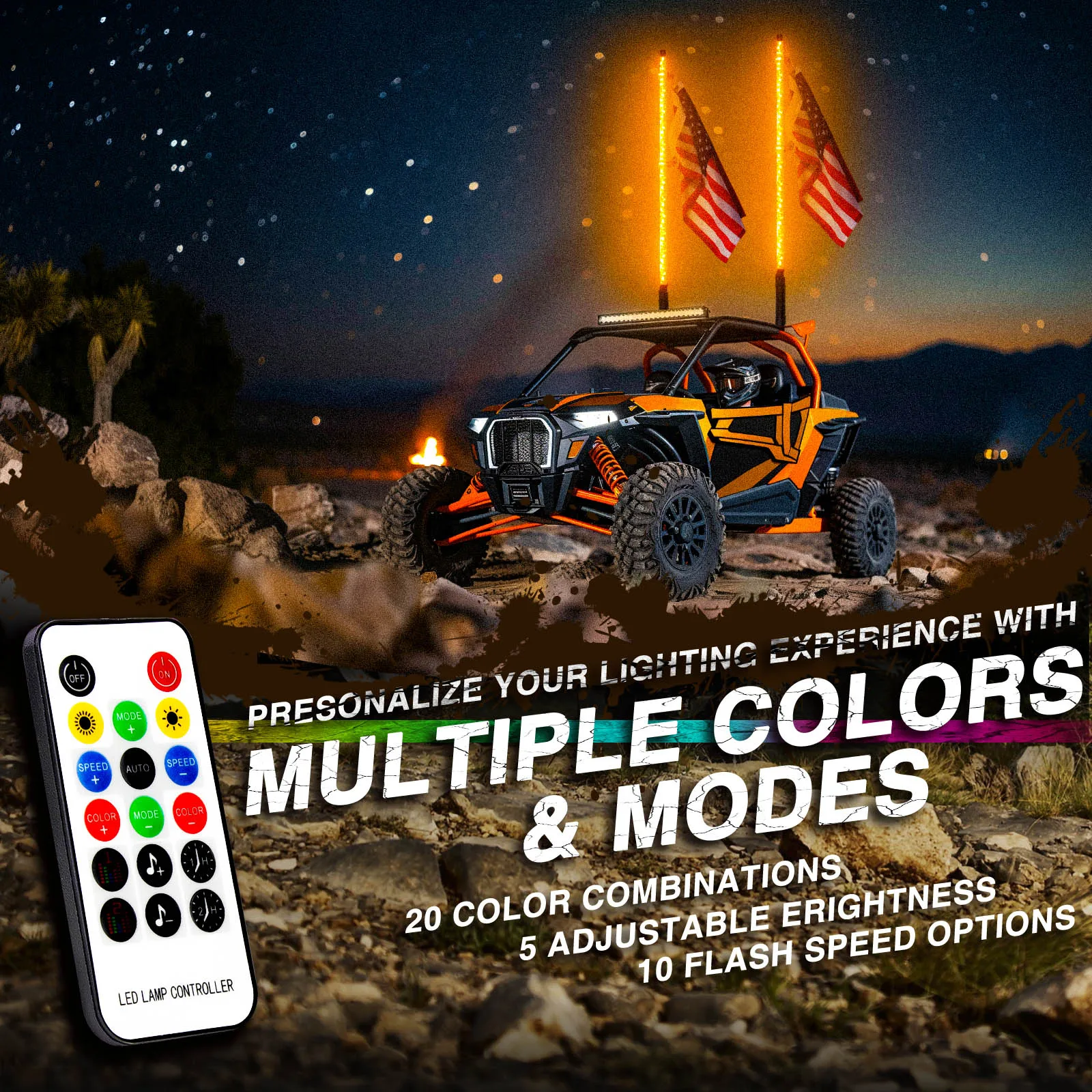 Luz Led de bandera de 2 piezas, 4 pies, 12V, impermeable, Control remoto, RGB, cambio de Color, todoterreno, ATV, luz de mástil para UTV ATV RZR