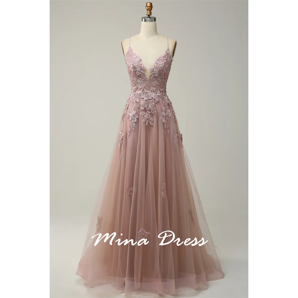 

Mina Customized Flowers Midi Dresses for Special Occasions V-neck Tulle Lace Embroidered Sleeveless Evening Dress Luxury Elegant