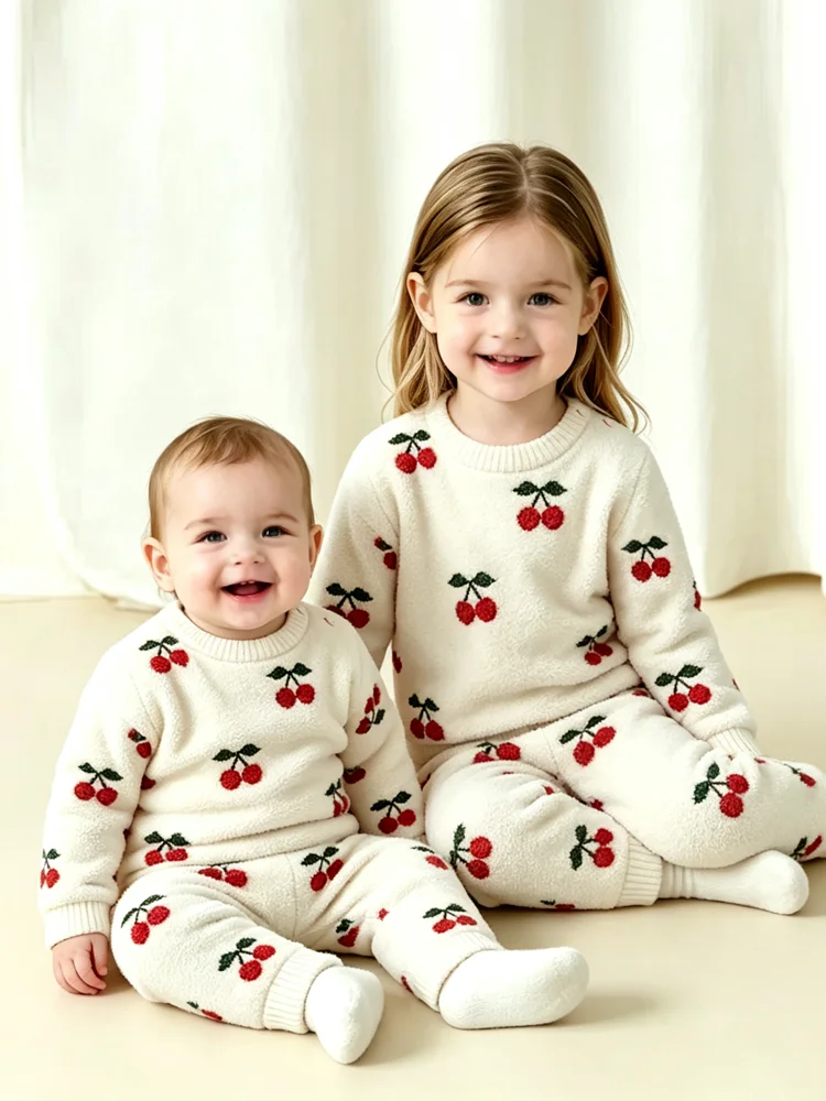 Infant Girls Fleece Clothing Set 0‑3Y Cute Cherry Jacquard Long‑Sleeve Shoulder Button Tops Casual Toddler 2‑Piece Home Outfits