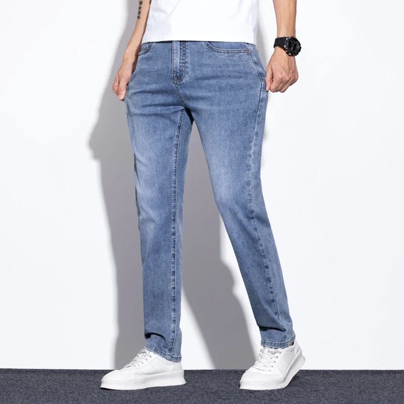 جينز قطني مرن للرجال عالي الجودة موضة أزرق فاتح مريح للأعمال سراويل مستقيمة غير رسمية سراويل ماركة فاخرة