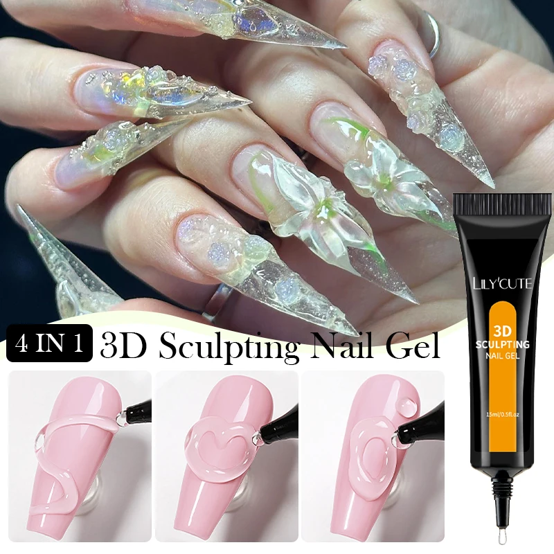 LILYCUTE 15 مللي ثلاثية الأبعاد مسمار الفن النحت هلام-4 في 1 DIY بها بنفسك تشكيل نحت لاصق الغراء مقاوم للماء مانيكير لتقوم بها بنفسك مسمار الفن تصميم