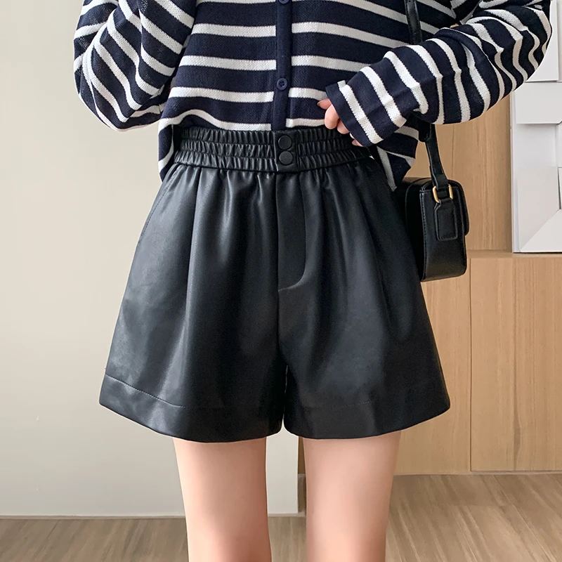 Shorts Women 2022 Vetement Femme Pantalones Cortos Short Mujer Loose PU Leather High Waisted Shorts Female Pockets Button Black