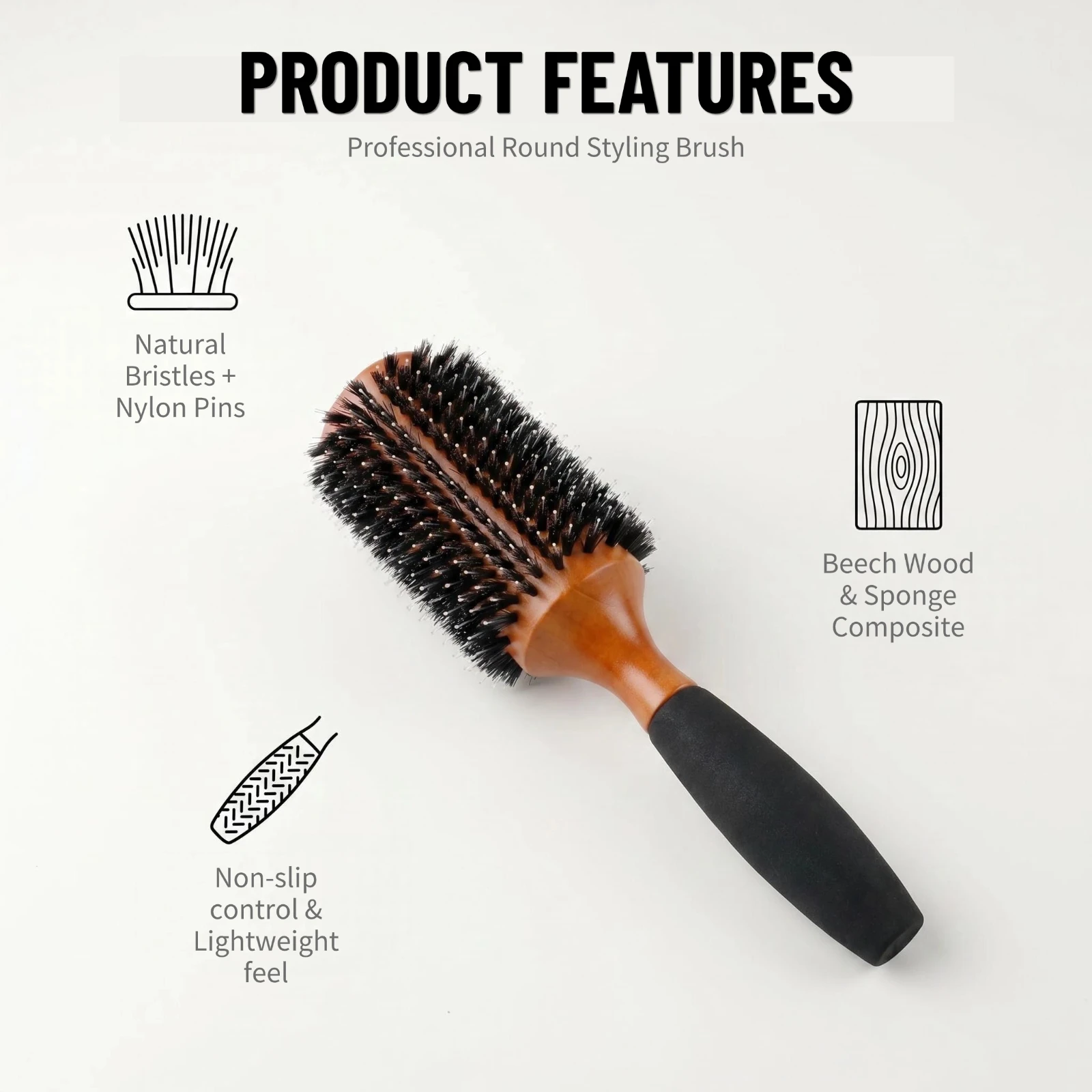 Professionelle Rundbürste mit Wildschweinborsten in 5 Größen, Holzgriff mit Anti-Rutsch-Funktion, für Salon und Zuhause, zum Föhnen, Locken und Volumen-Styling – Detail 7