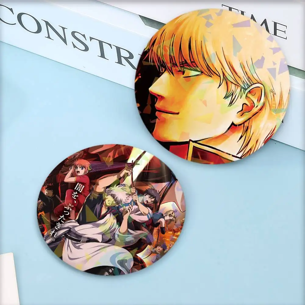 G-GIntama Yoshiwara in Flames Arc Round Badge Lapel Pins for Backpacks Briefcase Laser Brooch Clothes Gifts