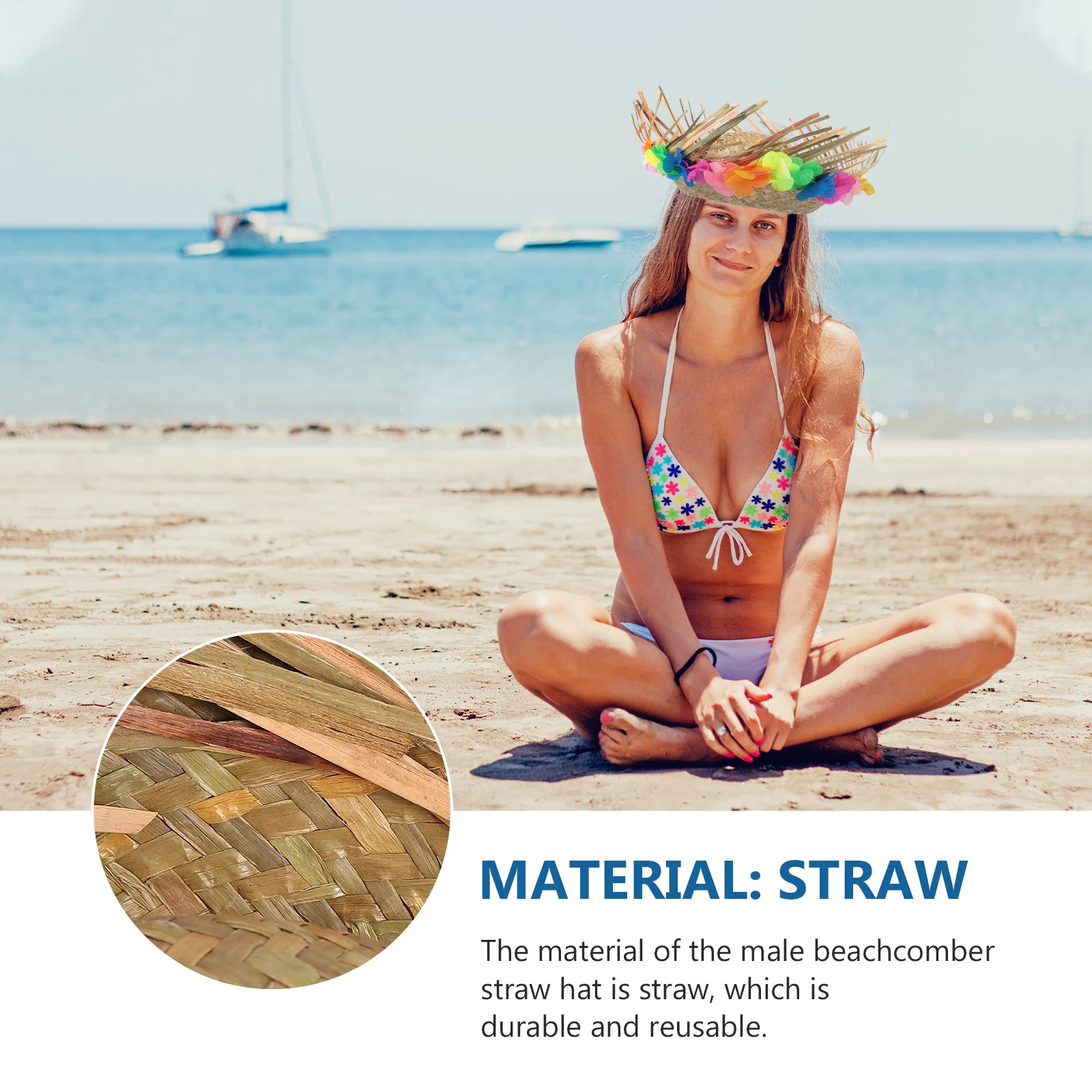 

1Pcs Male Hawaiian Lei Straw Hat Durable Reusable Accessory Hawaiian Theme Cosplay Photography Prop