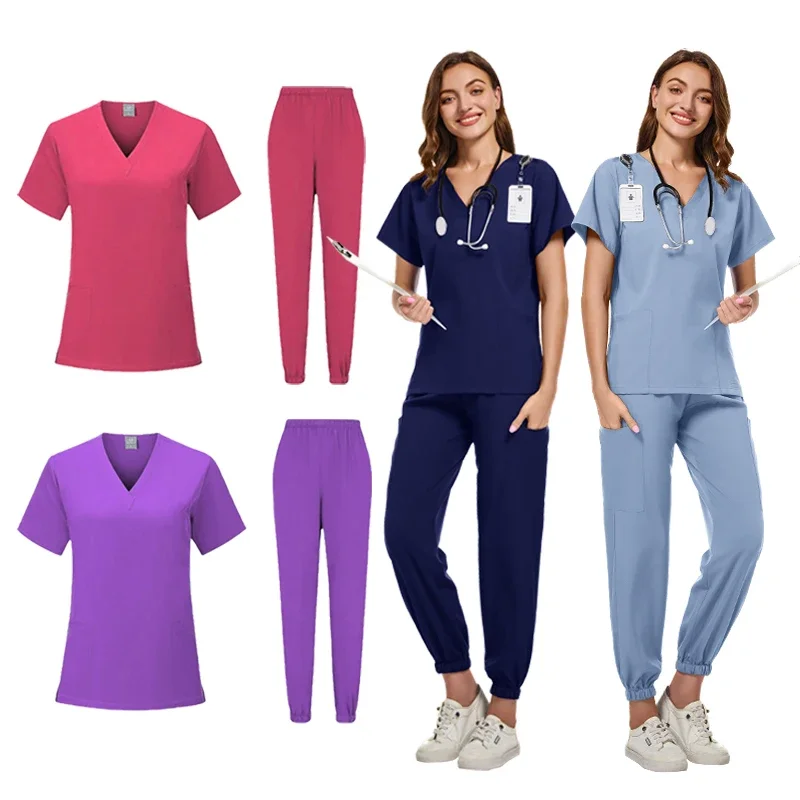 

Stretch Scrub Set Medical Uniform Health Service Scrub Tops with Pocket Pants Beauty Salon Workwear Surgery Doctor Nurse Uniform