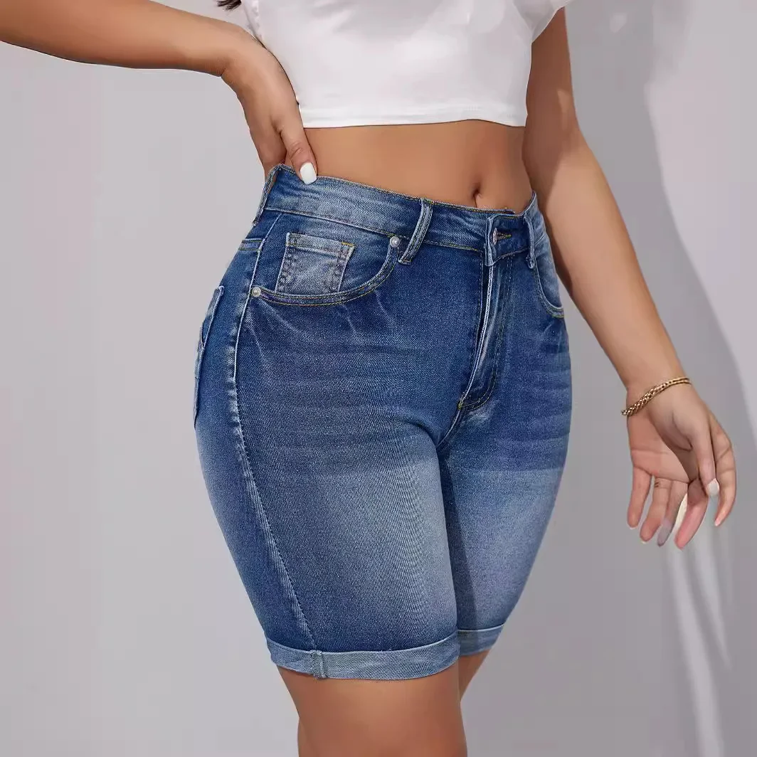 

Europe and The United States New Fashion High-waisted Denim Shorts Women's Summer Stretch High-waisted Casual Straight Leg Jeans